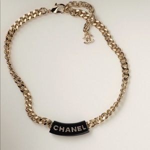 CHANEL 22B Gold Black & Crystal Logo Bar Choker Necklace NEW with Tags & RECEIPT